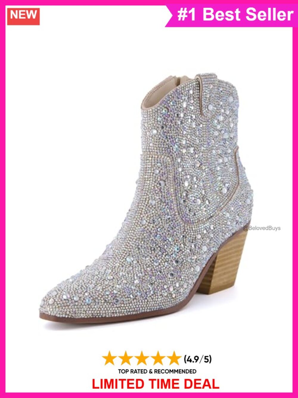 Rhinestone Western Ankle Booties Memory Foam Block Heel Side Zipper